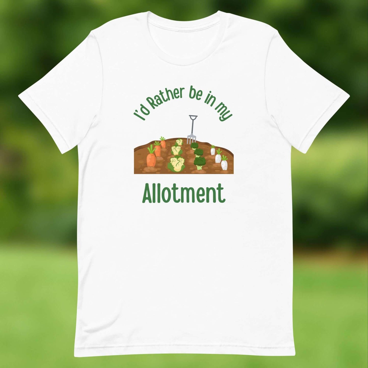 I’d Rather Be in My Allotment T-Shirt – Gardening & Allotment Lovers Tee Show off your love for allotment life with this I’d Rather Be in My Allotment T-shirt. Featuring a fun and colourful vegetable patch design, it’s the perfect tee for gardeners, growe