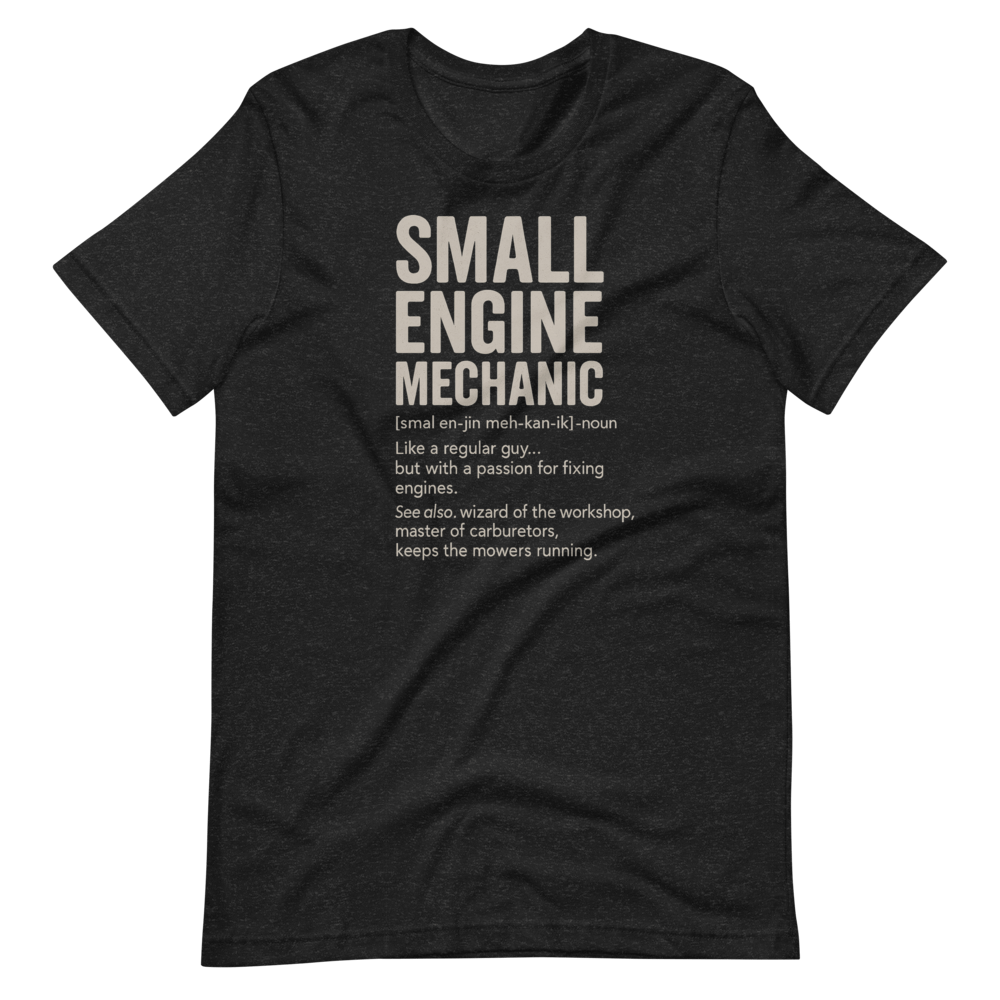 Small engine mechanic t shirts, black, front view