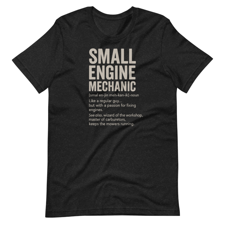 Small engine mechanic t shirts, black, front view