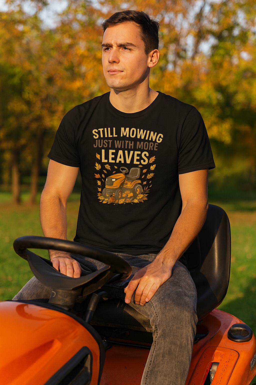 Man on ride on mower wearing t shirt