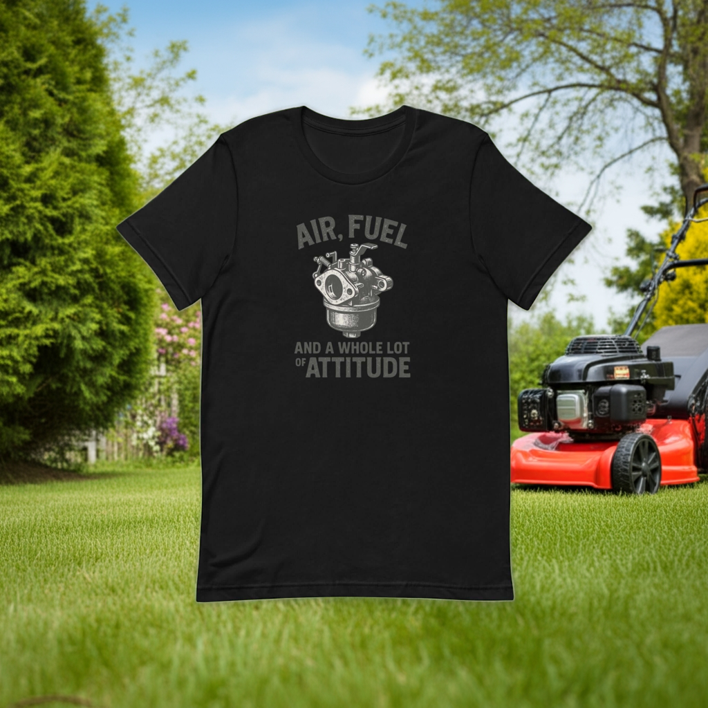 Air, Fuel & Attitude – Retro Lawn Mower Carburetor T-Shirt