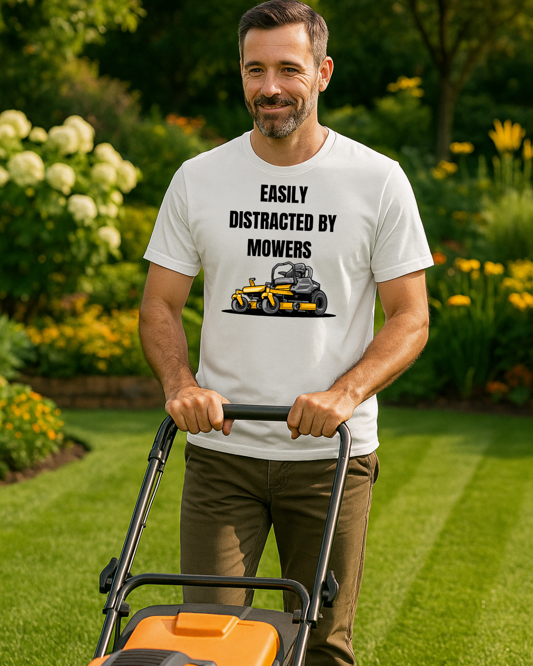 Man wearing easily distracted by mowers t shirt whilst mowing the lawn