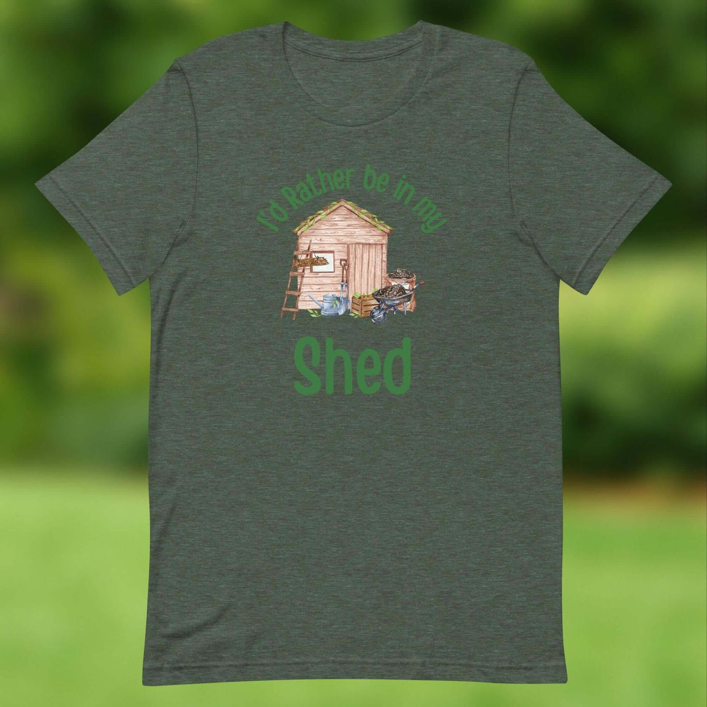 I’d Rather Be in My Shed T-Shirt – Garden & DIY Lover Tee Step into comfort and show off your love for the shed with our I’d Rather Be in My Shed T-Shirt. Designed for garden and DIY enthusiasts, this rustic illustration features a wooden shed, tools, and