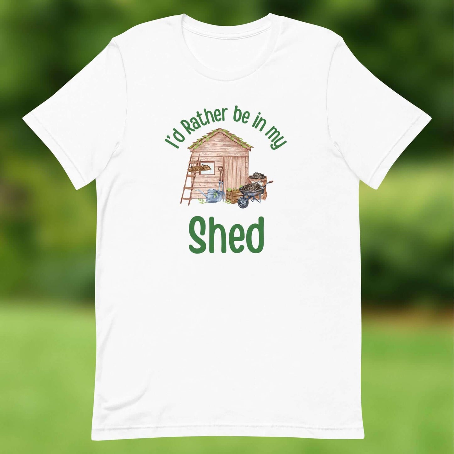 I’d Rather Be in My Shed T-Shirt – Garden & DIY Lover Tee Step into comfort and show off your love for the shed with our I’d Rather Be in My Shed T-Shirt. Designed for garden and DIY enthusiasts, this rustic illustration features a wooden shed, tools, and